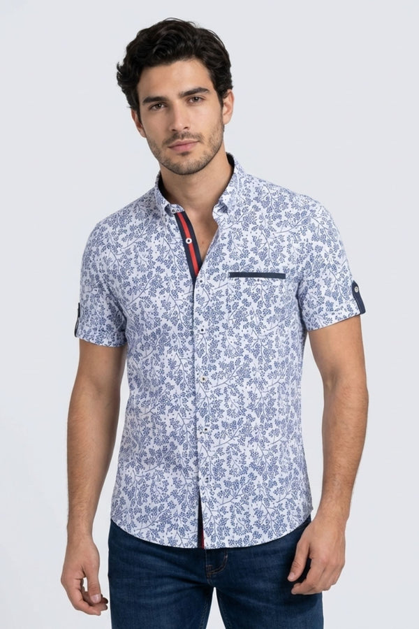 Camicia Uomo Manica Corta Iconic Lino Bianco Blu