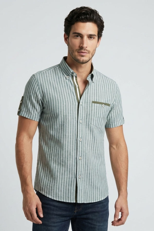 Camicia Uomo Manica Corta Iconic Lino Verde Bianco