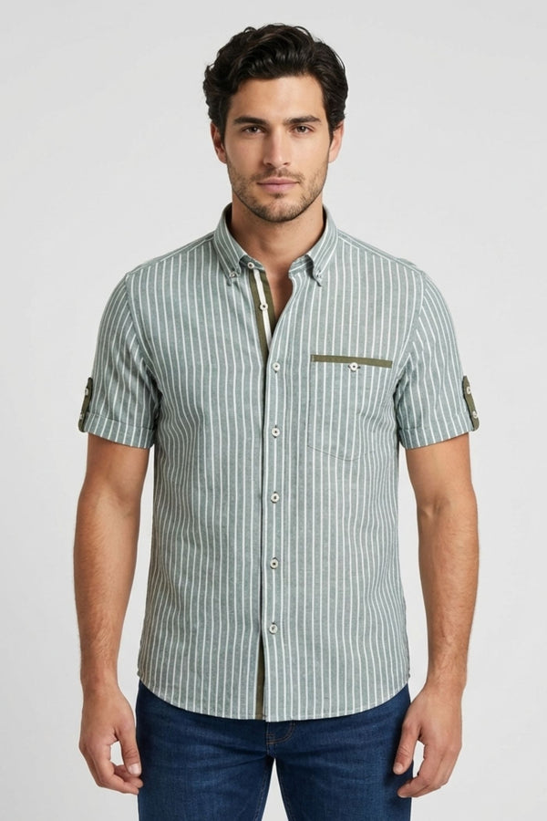 Camicia Uomo Manica Corta Iconic Lino Verde Bianco