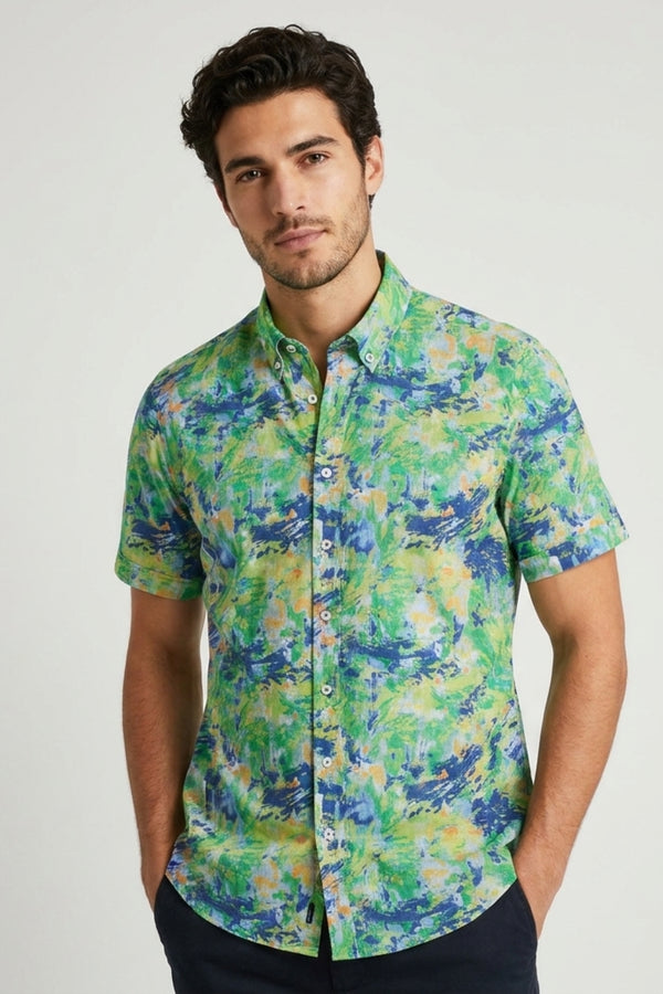 Chemise Homme Manche Courte Leonardo Sport Lin Vert Bleu