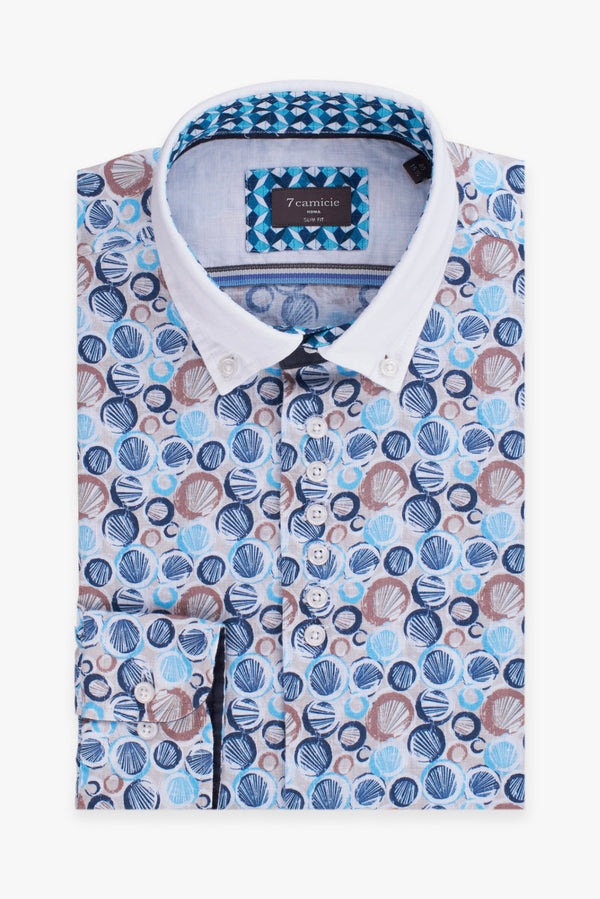 Camisa Hombre Lino Beige Azul