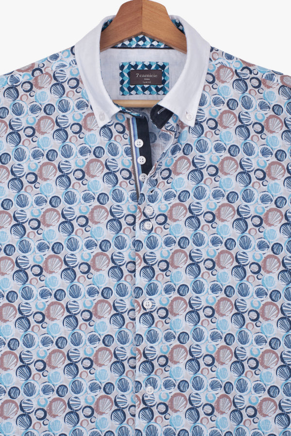 Camisa Hombre Lino Beige Azul