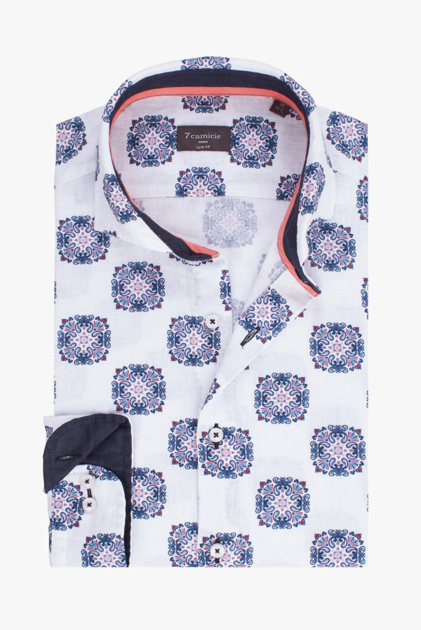 Camicia Uomo Firenze Sport Lino Bianco Blu