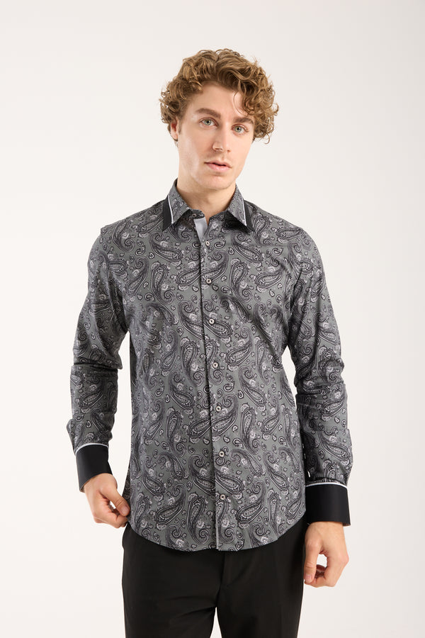 Chemise Homme Sport Popelin Stretch Gris Noir