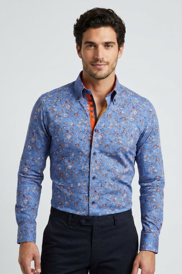 Roma Iconic Herren Hemd Poplin Stretch Blau Orange