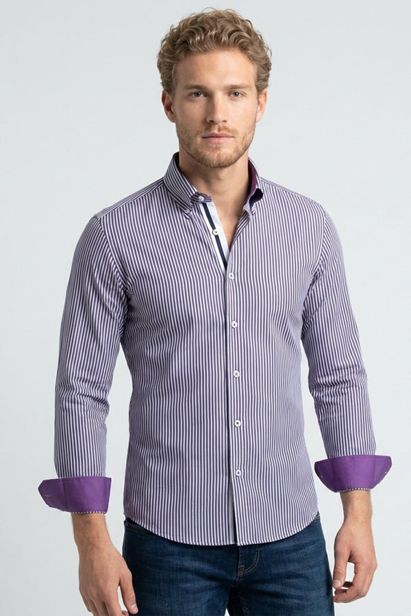 Camisa Hombre Roma Iconic Popelin Stretch Blanco Morado