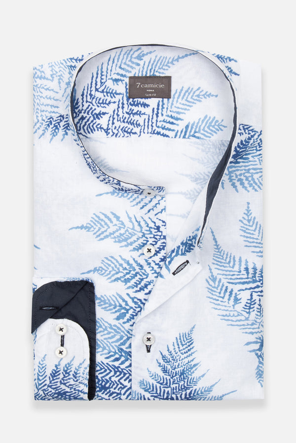 Camicia Uomo Caravaggio Sport Lino Bianco Blu