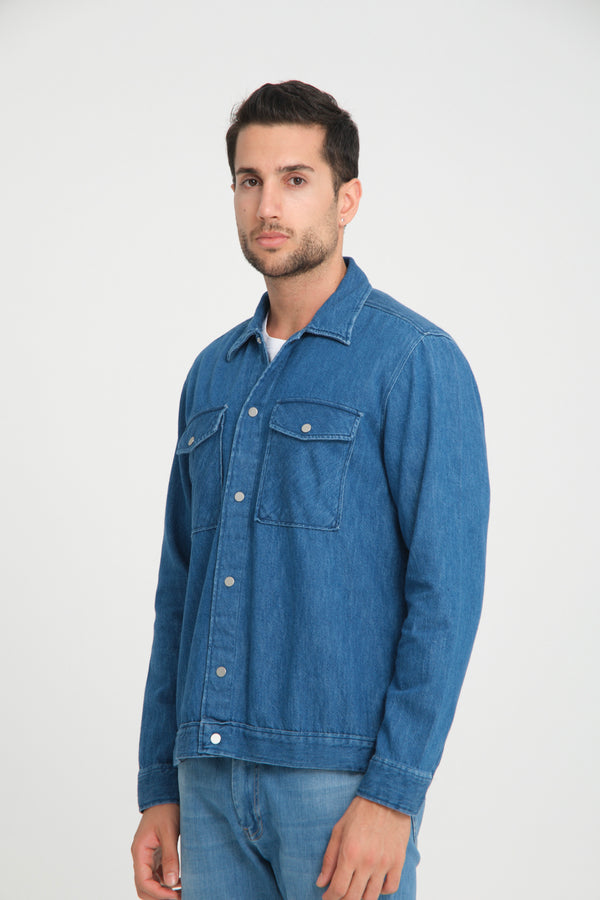 Sport Poplin Man Overshirt Blue Denim effect