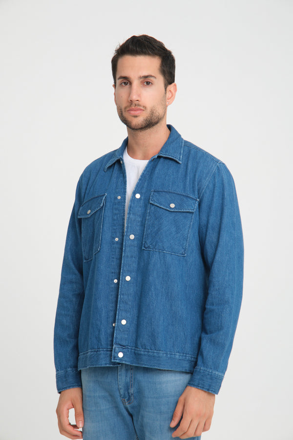 Sport Poplin Man Overshirt Blue Denim effect