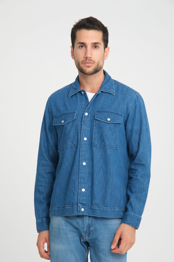 Sport Poplin Man Overshirt Blue Denim effect