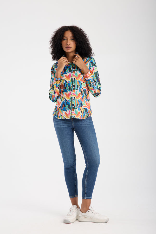 Camicia Donna Silvia Iconic Popelin Stretch Nero Arancione