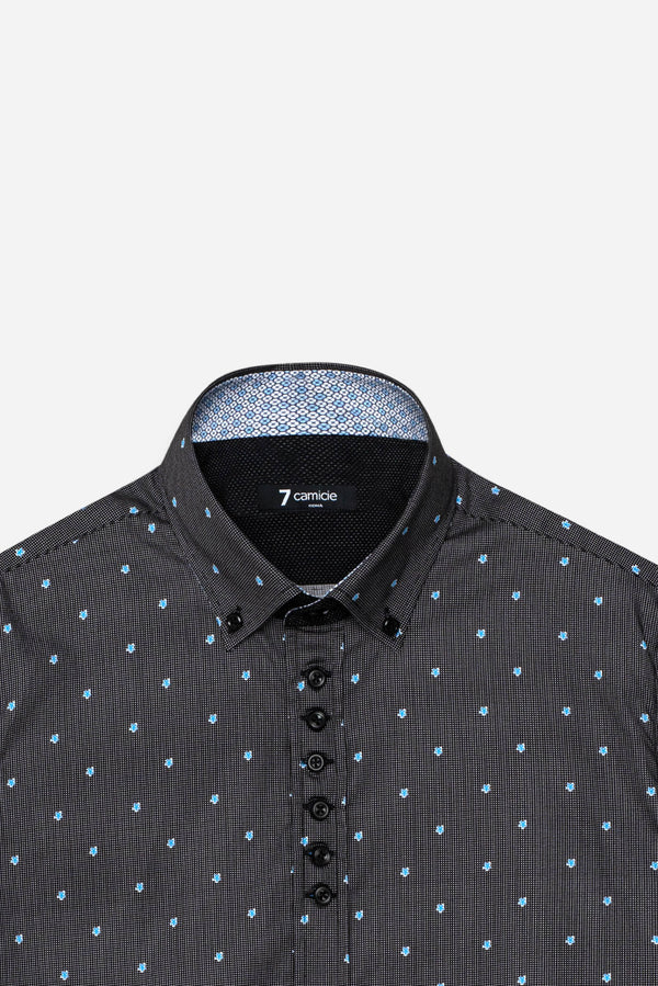 Button down Collar Poplin Man Shirt Black Printed