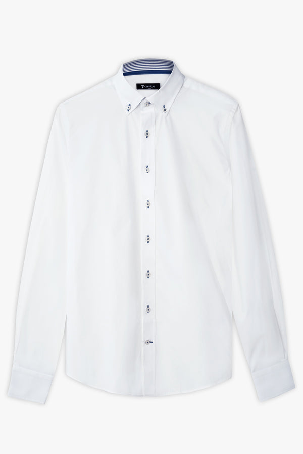 Button down Collar Poplin Stretch Man Shirt White Plain