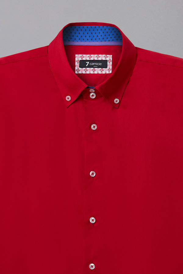 Button down Collar Satin Man Shirt Red Plain