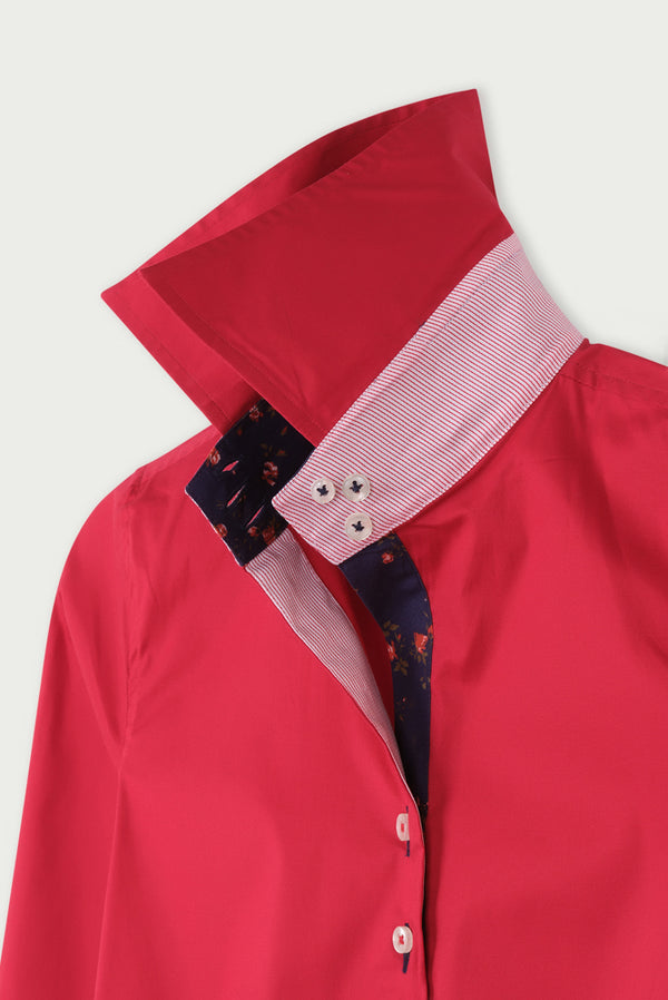Pointed Collar Poplin Stretch Women Shirt Red Plain