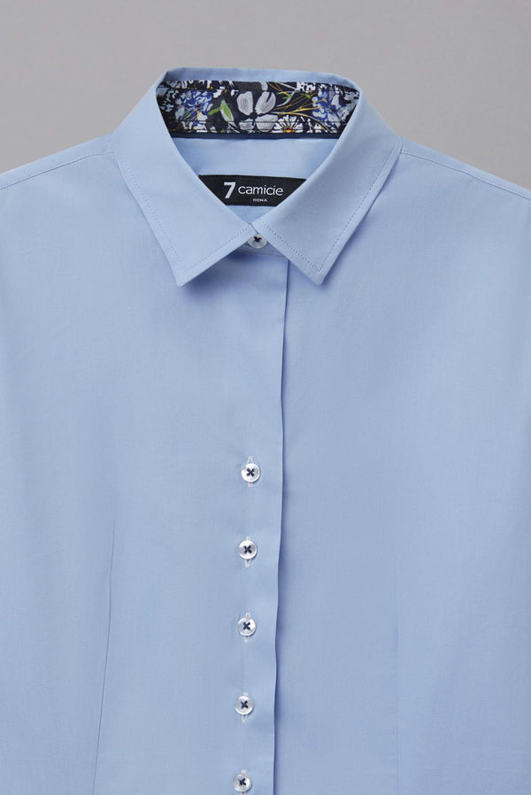 Pointed Collar Poplin Stretch Women Shirt Light Blue Plain