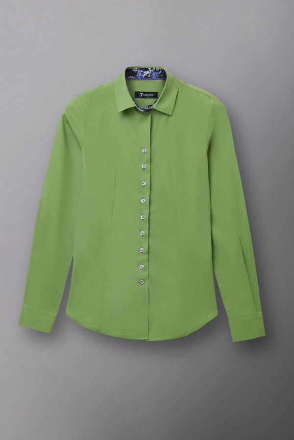 Pointed Collar Poplin Stretch Women Shirt Green Plain