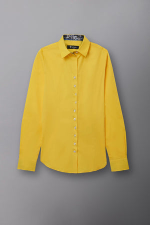 Pointed Collar Poplin Stretch Women Shirt Yellow Plain