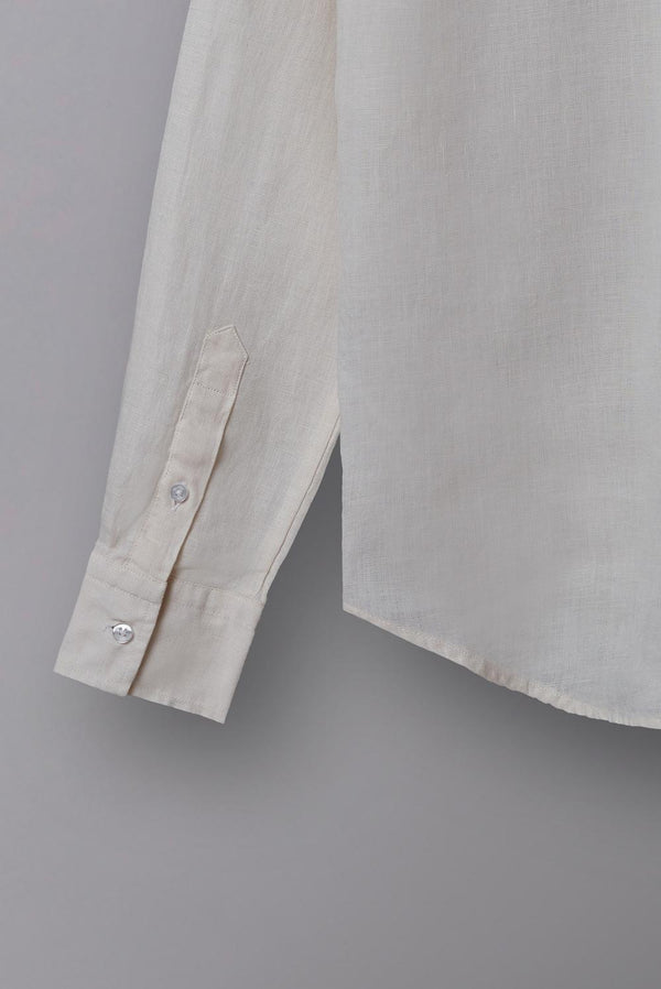 Pointed Collar Linen Women Shirt Beige Plain