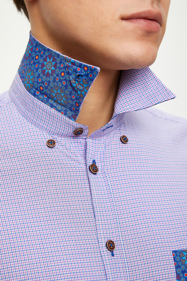 Button down Collar Poplin Man Shirt White Check
