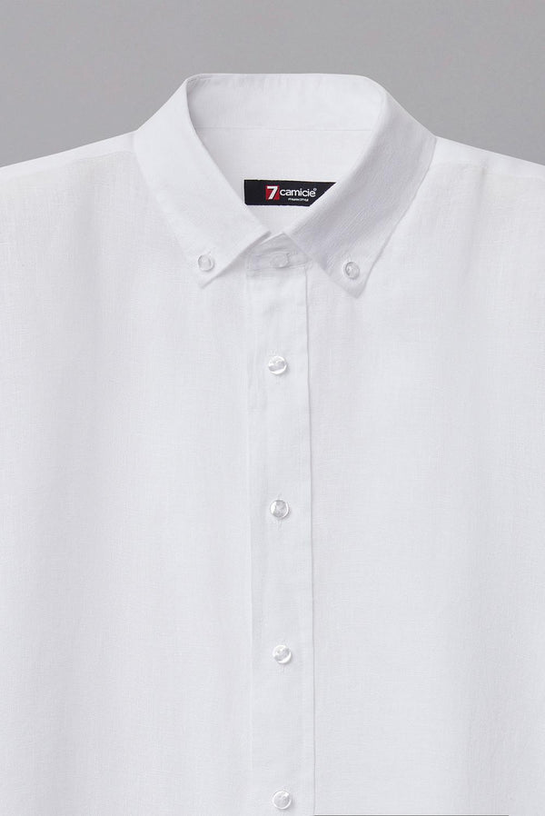 Button down Collar Linen Man Shirt White Plain