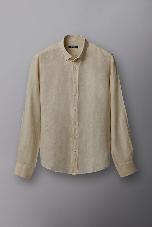 Button down Collar Linen Man Shirt Beige Plain