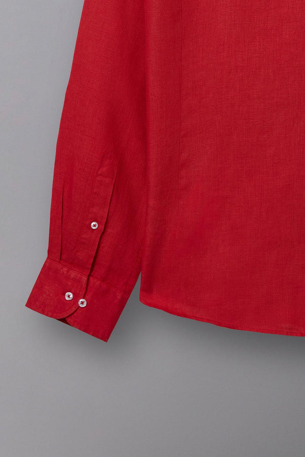 Button down Collar Linen Man Shirt Red Plain
