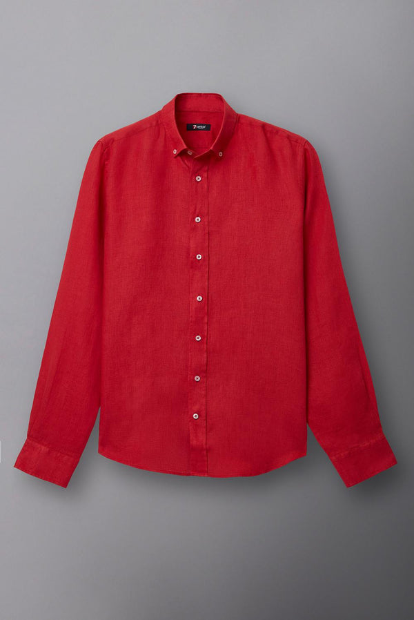 Button down Collar Linen Man Shirt Red Plain