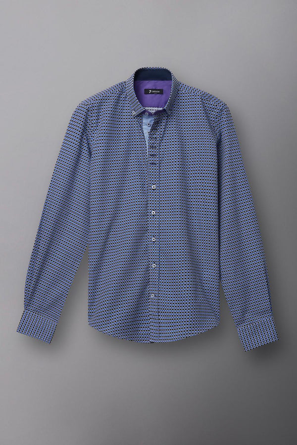 Button down Collar Poplin Man Shirt Navy Blue Printed
