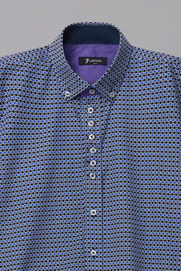 Button down Collar Poplin Man Shirt Navy Blue Printed