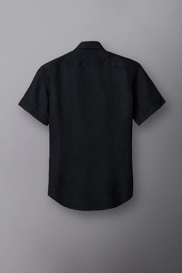 Button down Collar Linen Man Shirt Black Plain