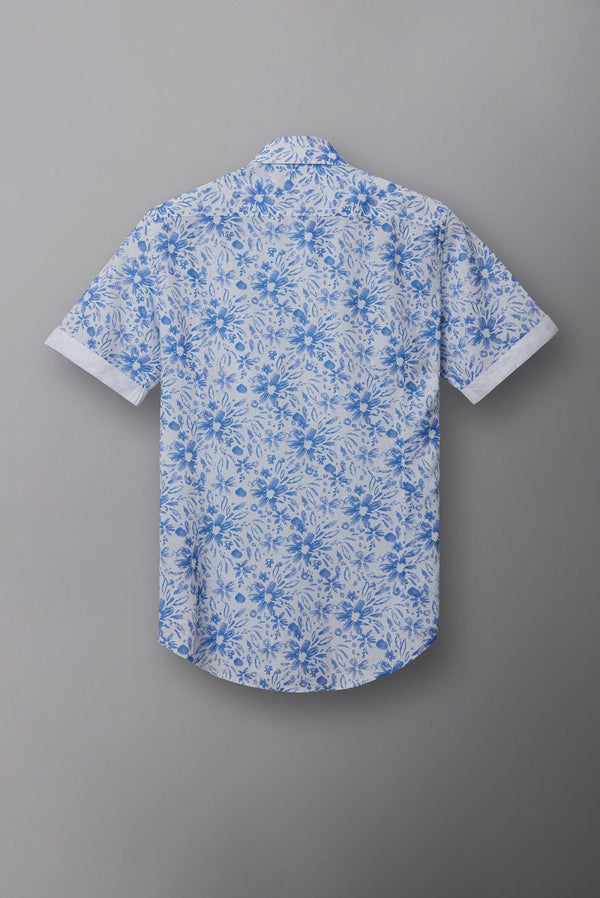 Pointed Collar Linen Man Shirt White Printed