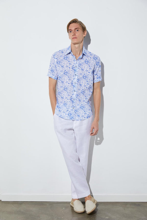 Romeo Sport Linen Man Shirt Short Sleeve White Light Blue