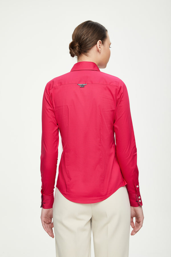 Button down Collar Poplin Stretch Women Shirt Pink Plain
