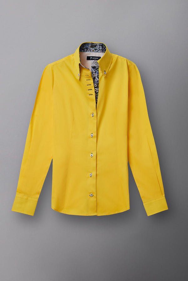 Button down Collar Poplin Stretch Women Shirt Yellow Plain