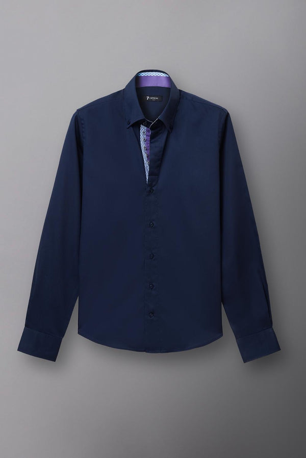 Button down Collar Satin Man Shirt Blue Plain