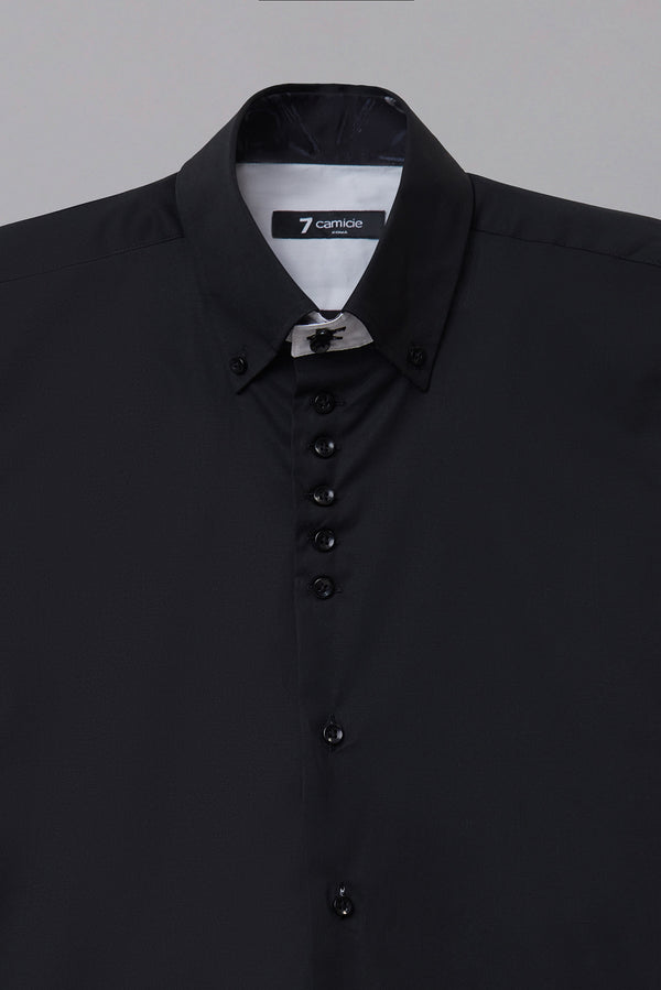 Button down Collar Poplin Stretch Man Shirt Black Plain