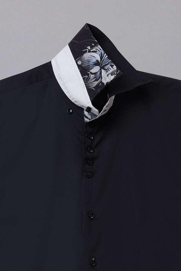 Button down Collar Poplin Stretch Man Shirt Black Plain