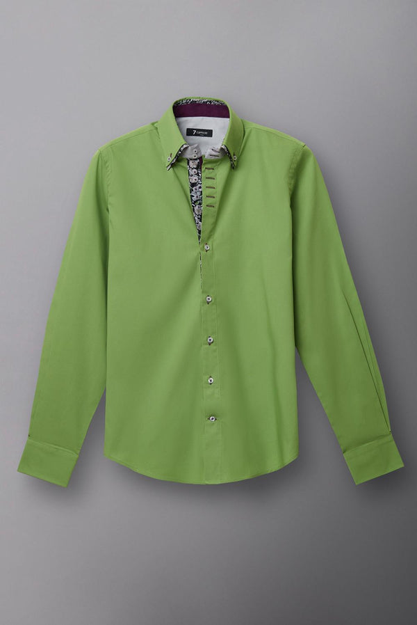 Button down Collar Poplin Stretch Man Shirt Green Plain