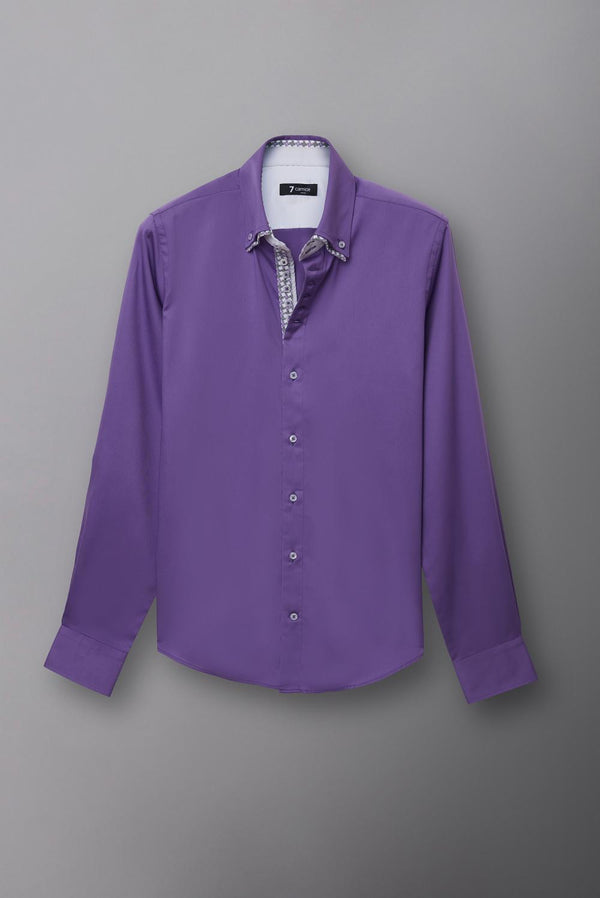 Button down Collar Satin Man Shirt Purple Plain