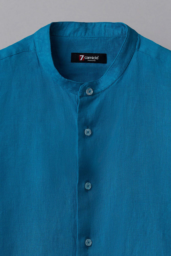 Banded Collar Linen Man Shirt Light Blue Plain