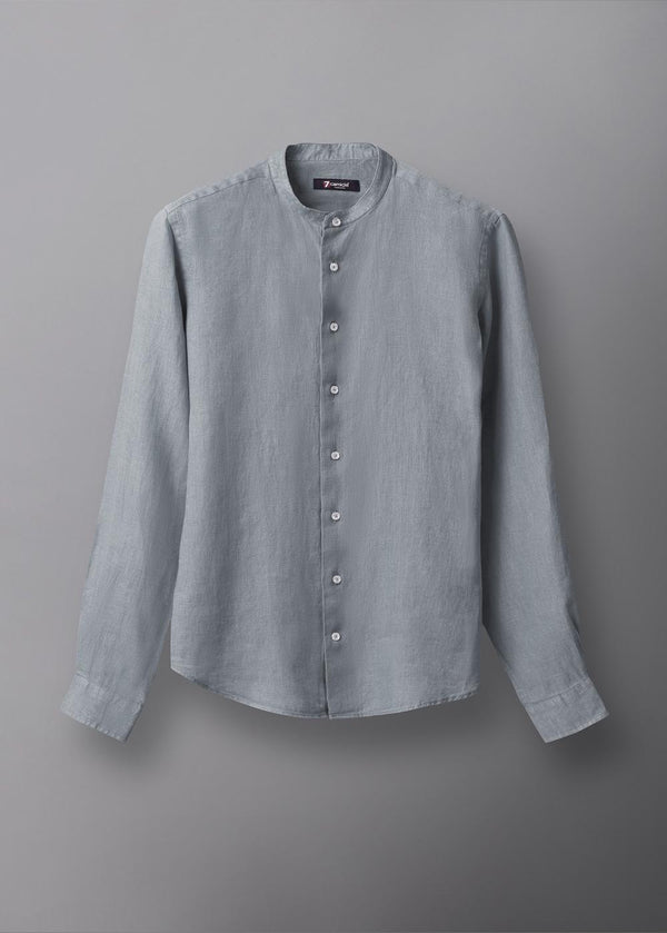 Banded Collar Linen Man Shirt Grey Plain