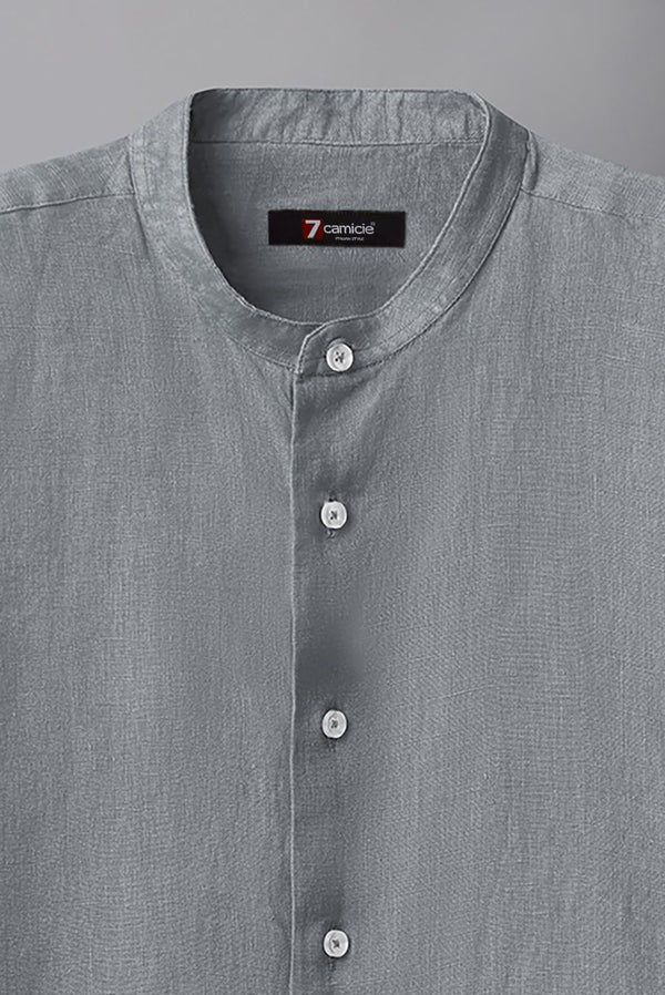Banded Collar Linen Man Shirt Grey Plain