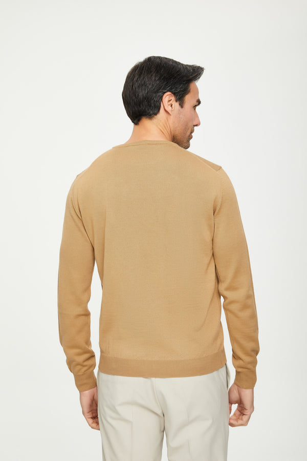 Crew Neck Collar Wool Man Sweater Beige Plain