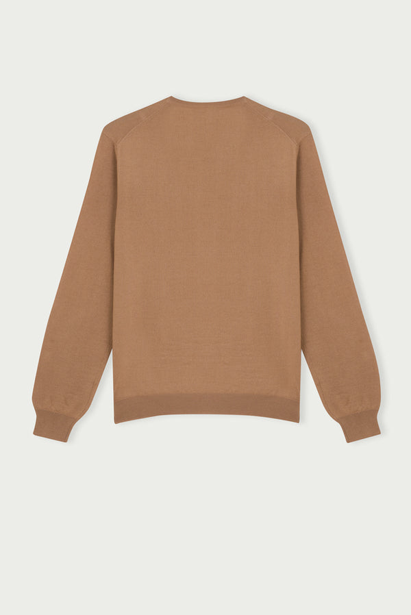 V neck Collar Wool Man Sweater Beige Plain