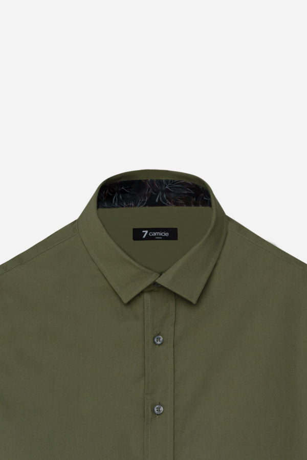 Pointed Collar Poplin Stretch Man Shirt Green Plain